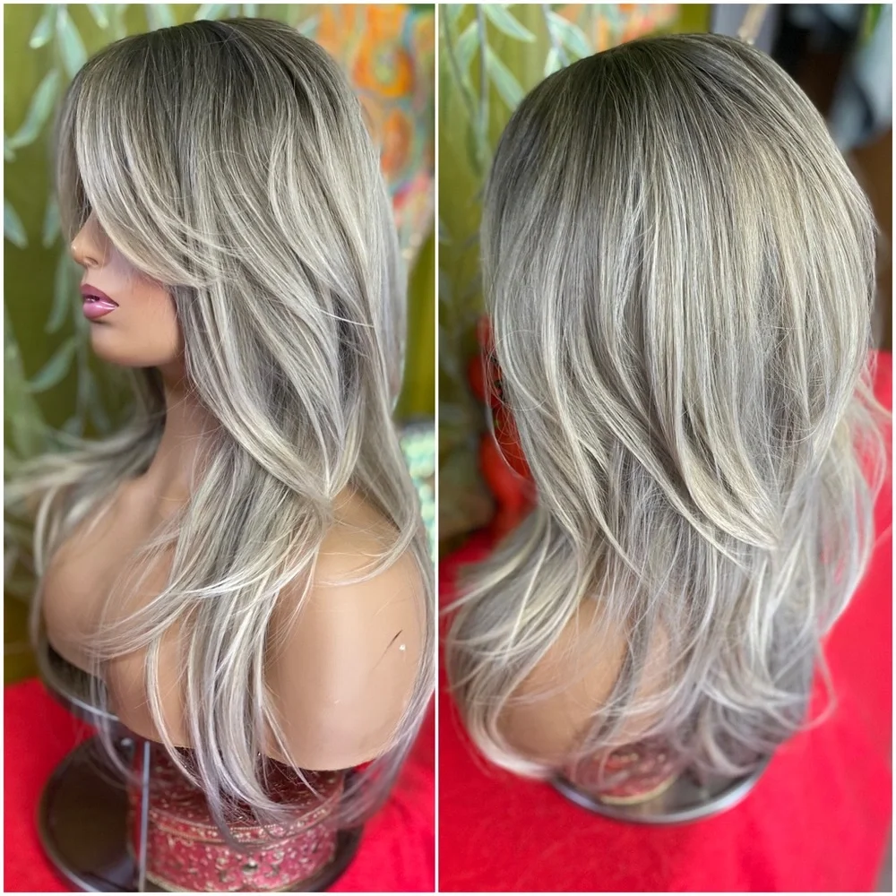 grey blonde  long layered wig curtain bangs
